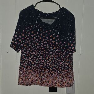 Talbots Dark Blue Blouse with Pink and Orange Floral Design